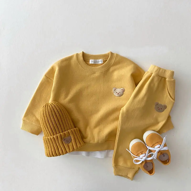 Korean version of ins newborn baby cotton bear round neck sweater sports suit baby casual cartoon two-piece set