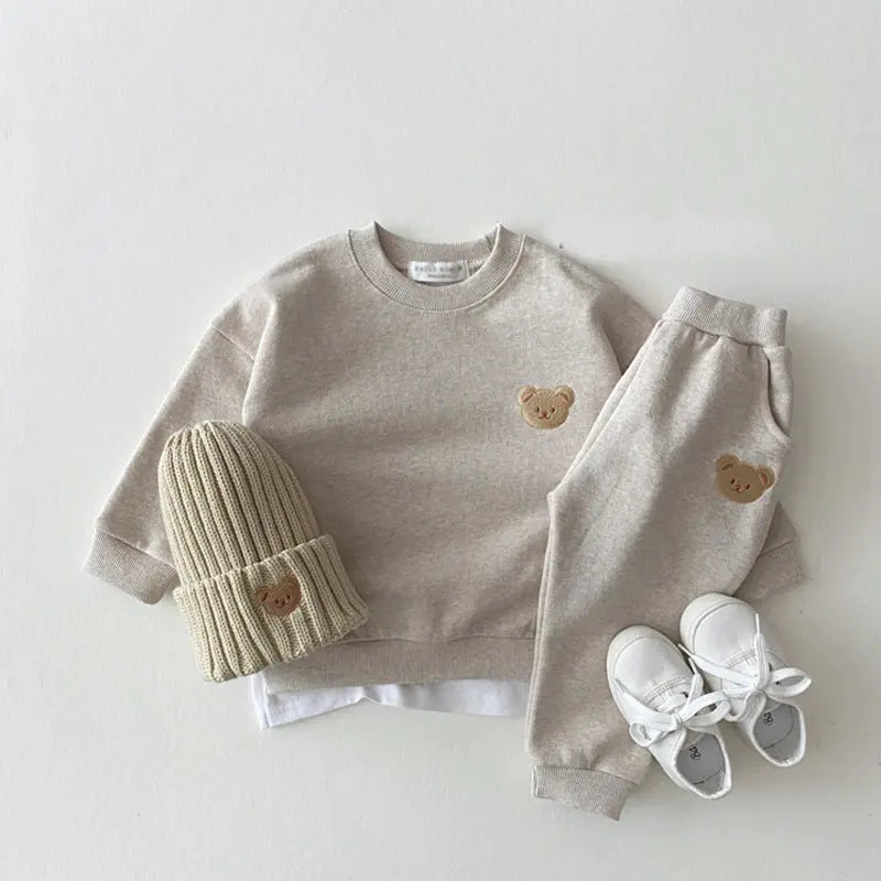 Korean version of ins newborn baby cotton bear round neck sweater sports suit baby casual cartoon two-piece set