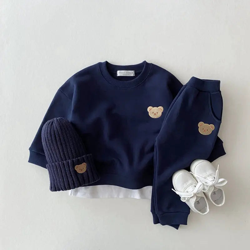 Korean version of ins newborn baby cotton bear round neck sweater sports suit baby casual cartoon two-piece set
