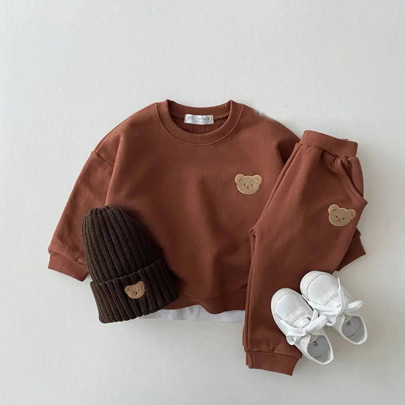 Korean version of ins newborn baby cotton bear round neck sweater sports suit baby casual cartoon two-piece set