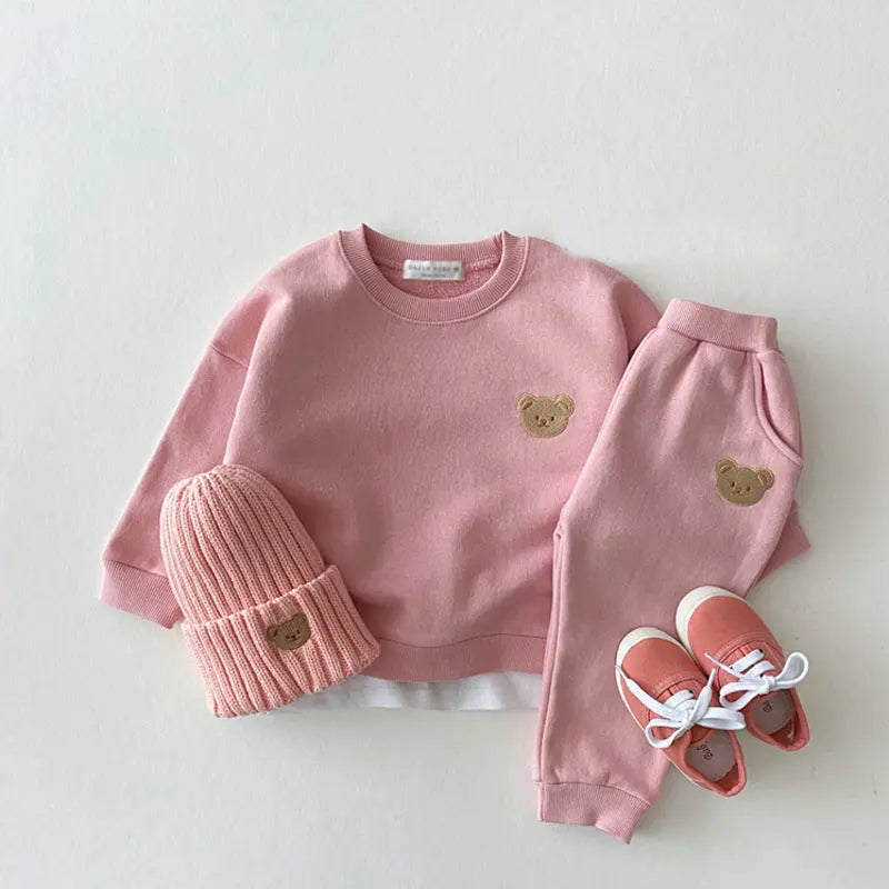 Korean version of ins newborn baby cotton bear round neck sweater sports suit baby casual cartoon two-piece set
