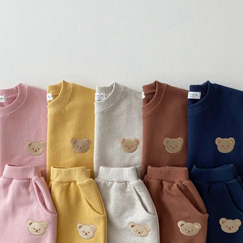 Korean version of ins newborn baby cotton bear round neck sweater sports suit baby casual cartoon two-piece set